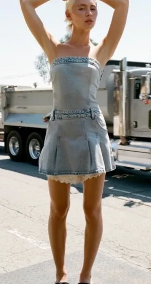 ZARA Pleated TRF Strapless Denim Mini Dress thumbnail 1