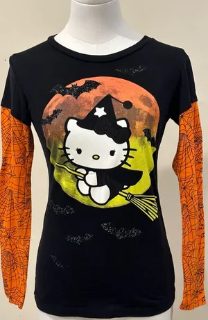 Hello Kitty Orange Black White & Yellow Flying Witch Long Sleeves T Shirt Sz S J thumbnail 1