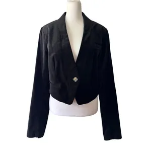Anthropologie Black Velvet Cropped One Button Closure Jacket thumbnail 2