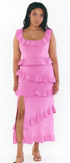 Show Me Your MuMu Greta Pink Lilac Ruffle Midi Dress with Side Slit thumbnail 1