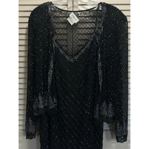 Stenay Black Silk Full Bead Gown & Jacket Sz 14 Adj Straps Lined Sparkle Formal thumbnail 2