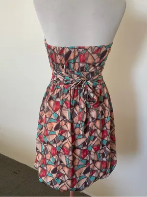 American Rag Strapless Geometric Print Dress in Red, Teal, Peach thumbnail 3
