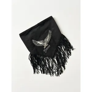 Bogner Scarf Neck Warmer Suede Black Eagle Rhinestone Fringe Western OS thumbnail 3