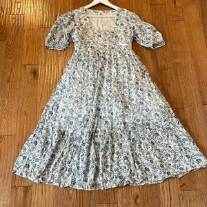 Garrie B blue floral square neck puff sleeve midi dress size M thumbnail 10