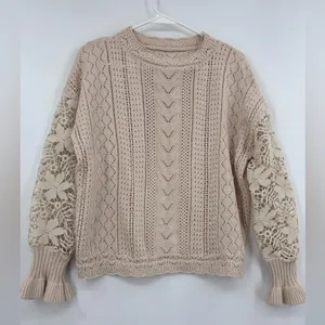 Elegant tan boho lace crochet sweater thumbnail 2
