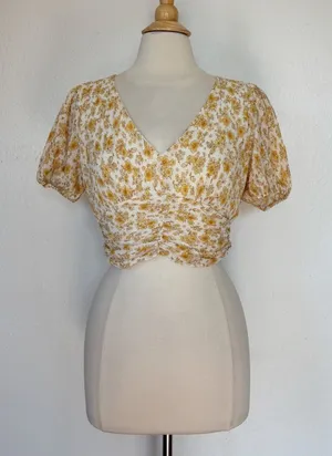 Blu Pepper Pleated Floral V-Neck Crop Top - Cream and Yellow thumbnail 1