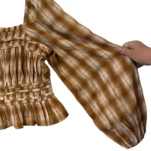 Bohme Brown Beige Plaid Smocked Blouse Size Large NWOT thumbnail 8