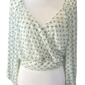 Free People Floral Deep V-Neck Blouse - White and green thumbnail 3
