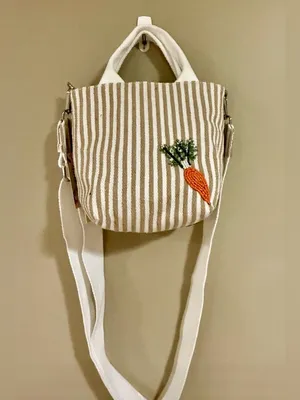 New Release! Beaded Striped “Vegetable" Tote Bag with Adjustable Detachable Strap White thumbnail 2
