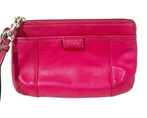 COACH Pink Cardinal Leather Rounded Wristlet Zipper Pouch Gold Satin Inner thumbnail 1