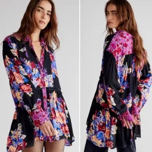 Free People Bunch A Brunch Tunic‎ Top Dress Black Motif Pink Purple Floral Small thumbnail 2