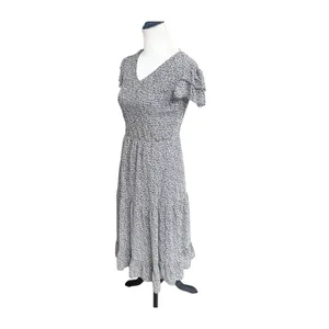 Bohme Midi Dress Womens White Blue All-Over Micro Print Smocked Tiered Classic thumbnail 3