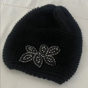 Black knit beanie with bedazzled accent thumbnail 1