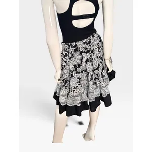 Black White Paisley Floral Lace Tiered Skirt Smocked Waist Boho Knee milkmaid XL thumbnail 2
