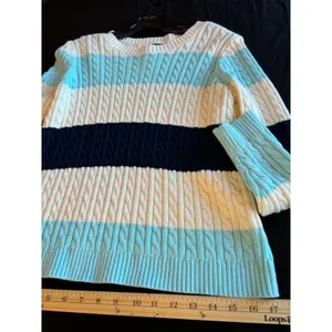 Lands End Drifter Cable Knit Sweater Blue Cream Striped Cotton Crew Neck S 6-8 thumbnail 4