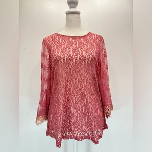 Sheer Mauve Mixed Lace Bell Sleeve Top Eyelash Fringe Gimmicks by BKE Fairy Boho thumbnail 3