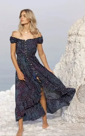 NWT Tiare Hawaii Blue Ruffle Hem Maxi Dress Size S M L XL thumbnail 1