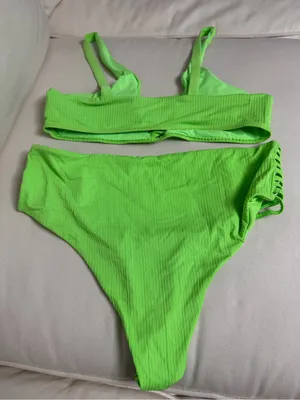 Neon Green Strappy Ribbed Bikini Set Size L thumbnail 4