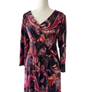 Maggy London Navy & Coral V-Neck Smocked Waist 3/4 Sleeve Stretch Maxi Dress thumbnail 4