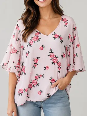 Miss Me Womens Size M NWT Pink Embroidered Rose Blouse Flutter Sleeve V-Neck Top thumbnail 1