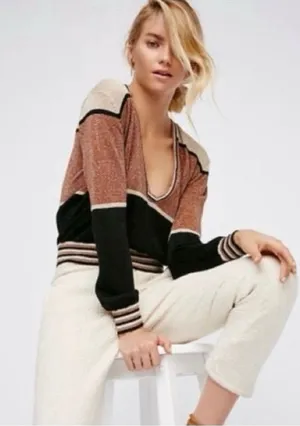 Free People Gold Dust Metallic Deep V Pullover Sweater Colorblock Size Large thumbnail 1
