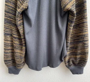Free People Grey Yellow Stripe Sweet Confession Henley Waffle Knit Pullover thumbnail 12