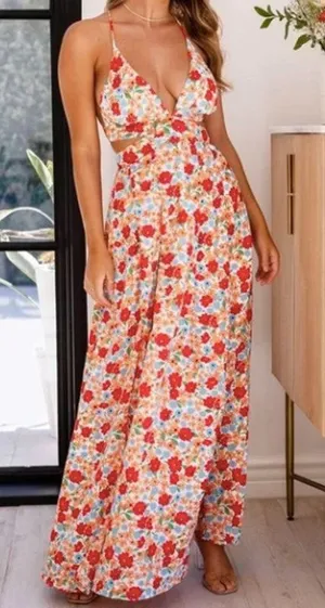 Shop Priceless Floral Print Maxi Dress‎ Halter Neck Cutout Back Tie Waist Summer thumbnail 1