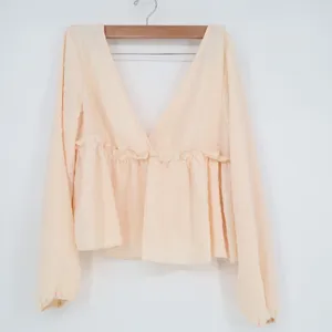 Peach Swiss Dot Deep V-Neck Peplum Blouse Long Sleeve Ruffle Top Large thumbnail 3