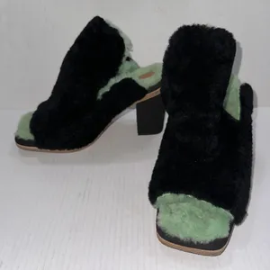UGG x Eckhaus Latta Shoes 10 Black Green Lamb Fur Block Heel Mule Square Toe thumbnail 1