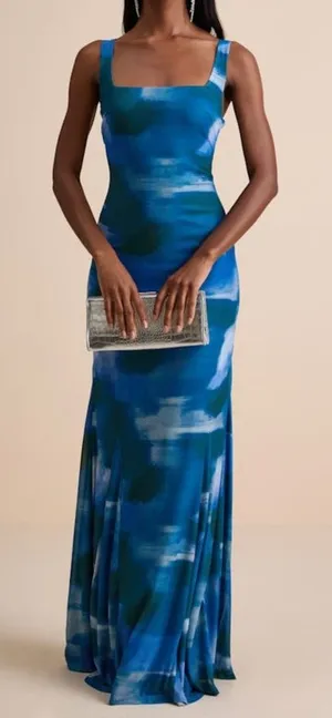 NEW Lulus Zemina Blue Abstract Godet Watercolor Pleated Mermaid Maxi Dress Small thumbnail 1