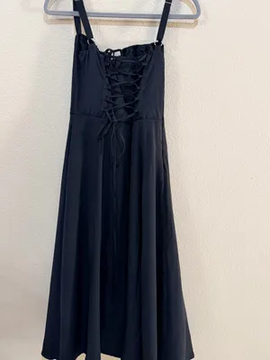 Parthea Black Corset Midi Dress Size M Lace Up Back Side Slit NIP thumbnail 4