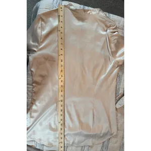 Cabi Champagne Satin Feel Ruffle Bib Blouse Minimalist Beige Top Women's Medium thumbnail 6