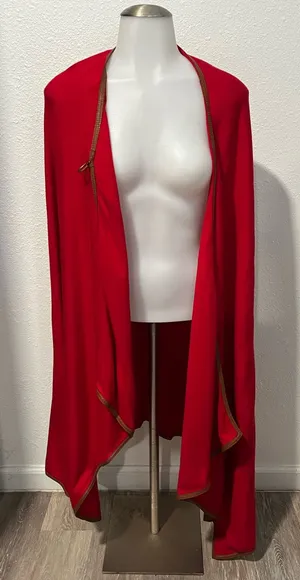 Ralph Lauren Red Drape Open Cardigan Leather Trim Women's Sweater Size Small thumbnail 1