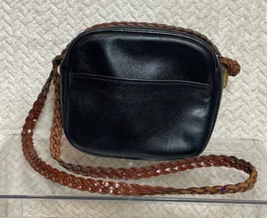 Vintage LJS Collection Small Black Crossbody Bag Brown Braided Strap 90s Classic thumbnail 1