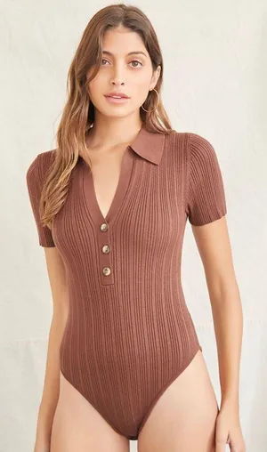 Forever 21 Brown Collared Sweater-Knit Bodysuit thumbnail 1