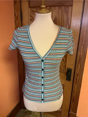 Vintage 90s Rainbow Striped Button Front Fitted Top Baby Tee thumbnail 4