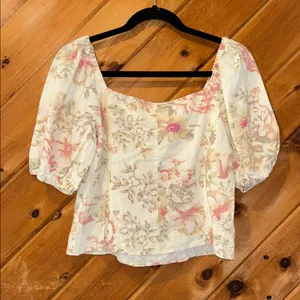 H&M vintage floral linen-blend puff sleeve top thumbnail 7
