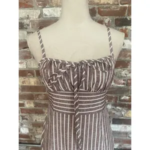 SHEIN Stripe Cami Midi Dress XS Brown White Smocked Waist Tie Bust Dress thumbnail 2