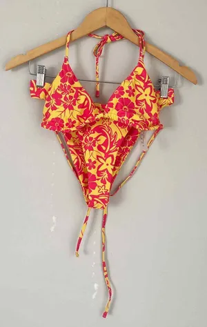 Shein Pink and Yellow Floral Print Two Piece Bikini Size Small thumbnail 1