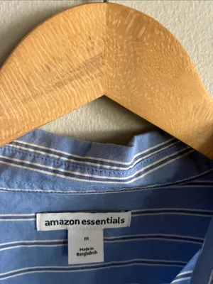 NWT Amazon Essentials Women’s M Blue White Striped 100% Cotton Button Down Shirt thumbnail 2