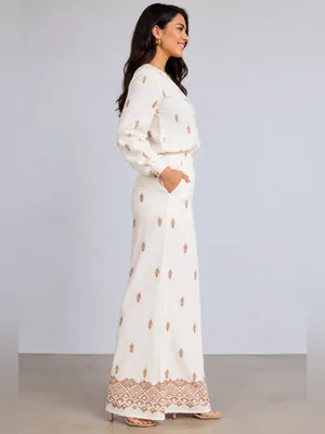 NWT Cream Aztec Print V-Neck Top & Wide Leg Pants Set M thumbnail 2