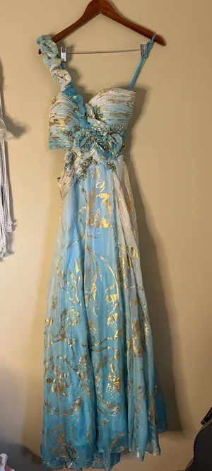 Mac Duggal Beaded One Shoulder Cut Out Gown Maxi Dress Turquoise Gold Size 6 thumbnail 1