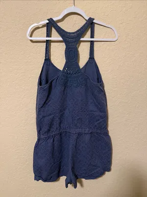 Free People Navy Crochet-Back Romper thumbnail 3