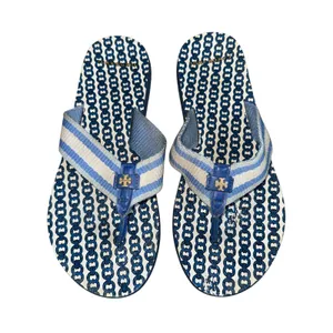 Tory Burch Striped Logo Flip Flops Women 10 Blue White Good Nautical Beach Thong thumbnail 2