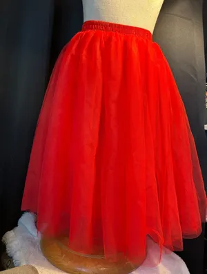 Red Tulle Midi Skirt Elastic Waist Layered Mesh Costume Dance Ballerina Skirt thumbnail 1