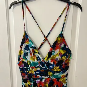 Flyaway Collection Multi-Color Abstract Ikat Cross-Back Handkerchief Hem Dress L thumbnail 5