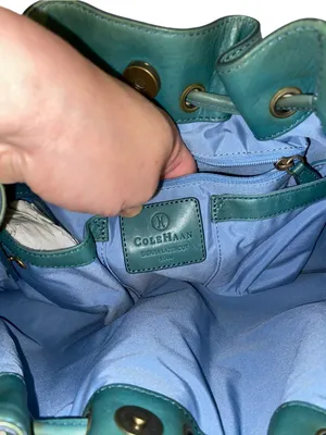 Y2K Vintage Cole Haan Teal Leather Drawstring brass studded Hobo Bag Boho fairy thumbnail 9