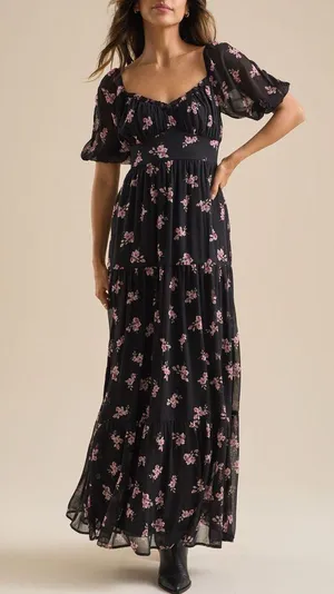NEW Altar’d State Deanne black floral tiered maxi dress women’s size small thumbnail 1