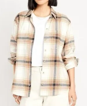 Old Navy Boyfriend Shirt Button Down Women’s Sz L Flannel Beige Cream Plaid thumbnail 1