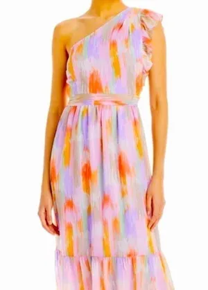Aqua multi pink floral one shoulder ruffle midi dress. Size Medium. NWT. thumbnail 1